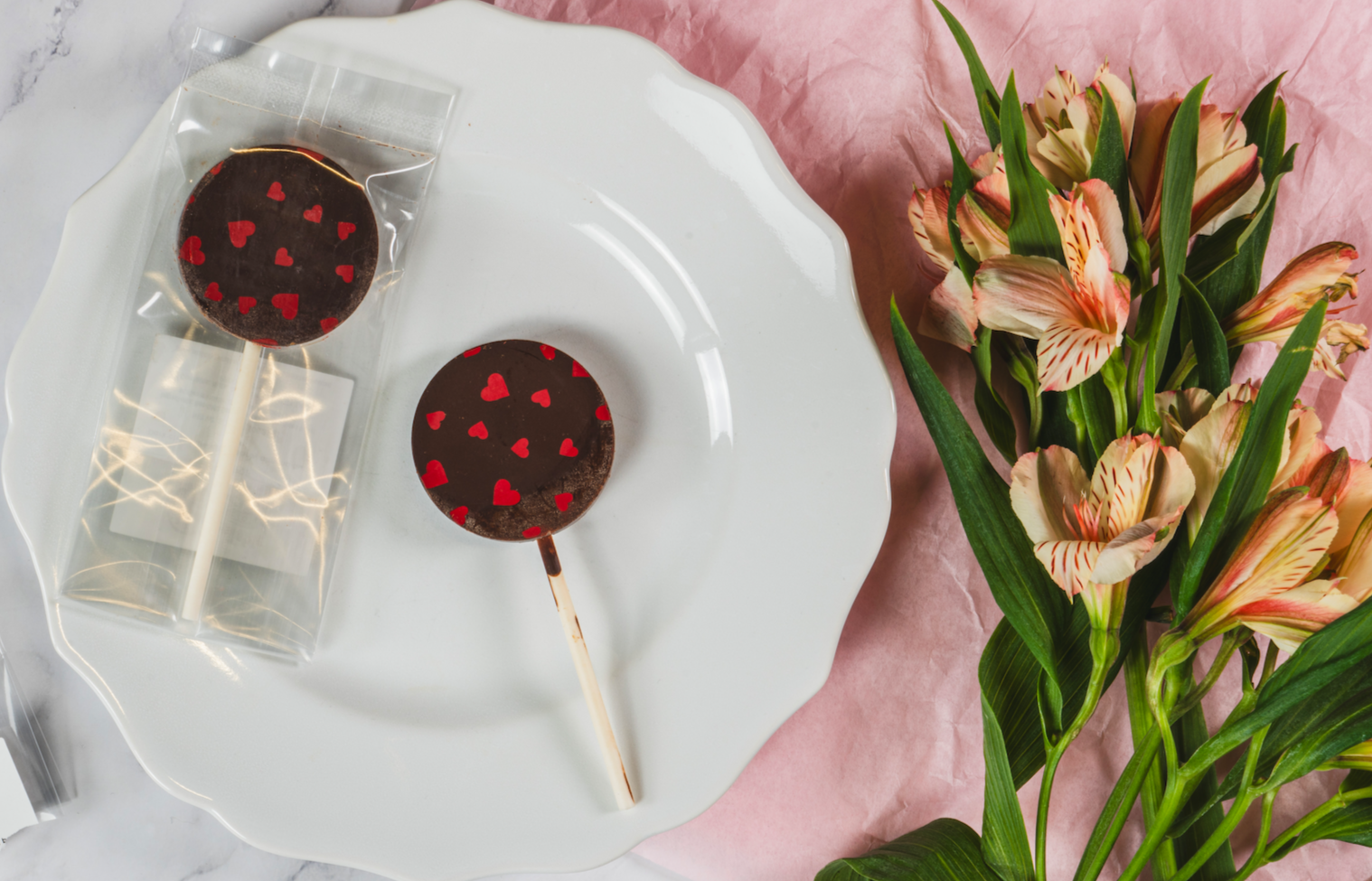 Ruby, Dark or White Chocolate Lollipops with Almond Butter Wooden Table Baking Co.