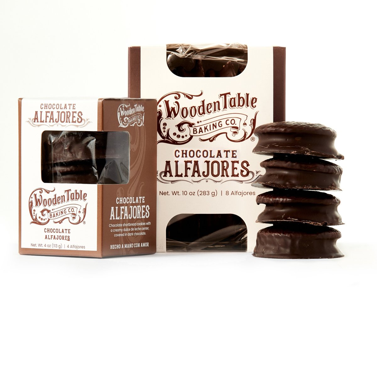 Dark Chocolate Alfajores Cookies Case Wooden Table Baking Co.