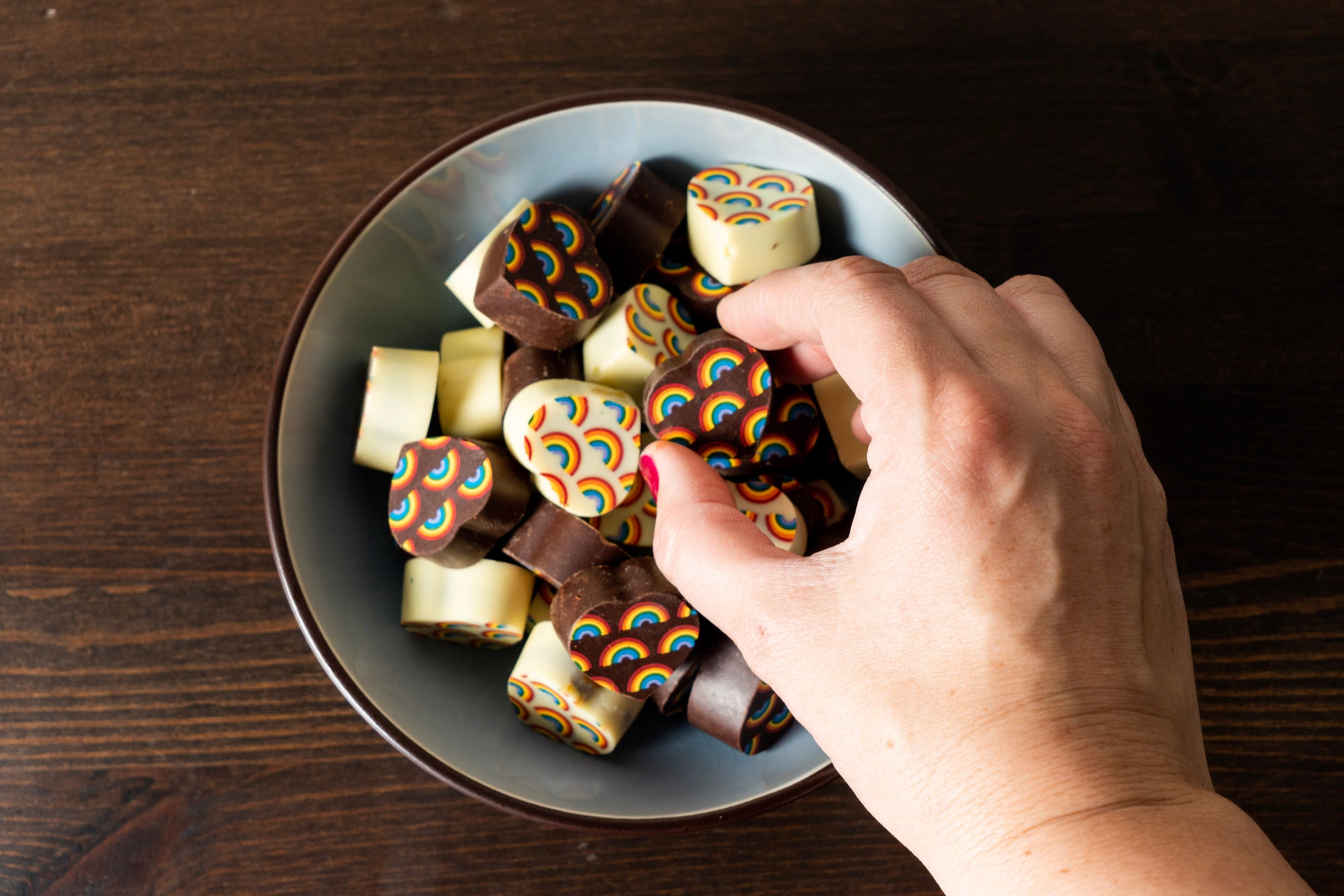 Rainbow Bonbons: Dark &amp; White Chocolate with Dulce de Leche Wooden Table Baking Co.