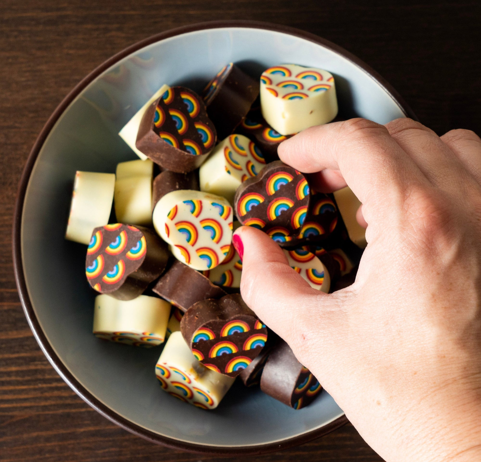 Rainbow Bonbons: Dark & White Chocolate with Dulce de Leche Wooden Table Baking Co.