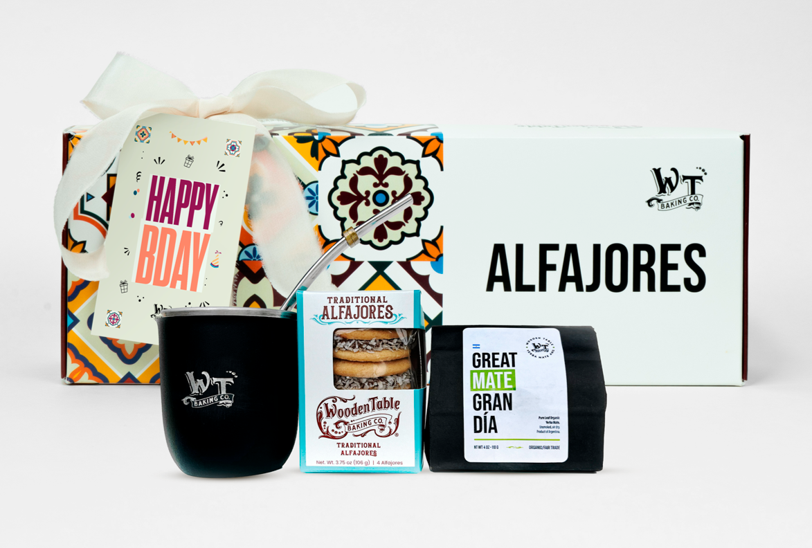 Yerba Mate Tea, Gourd, Straw, Set Alfajores Gift Box Wooden Table Baking Co.