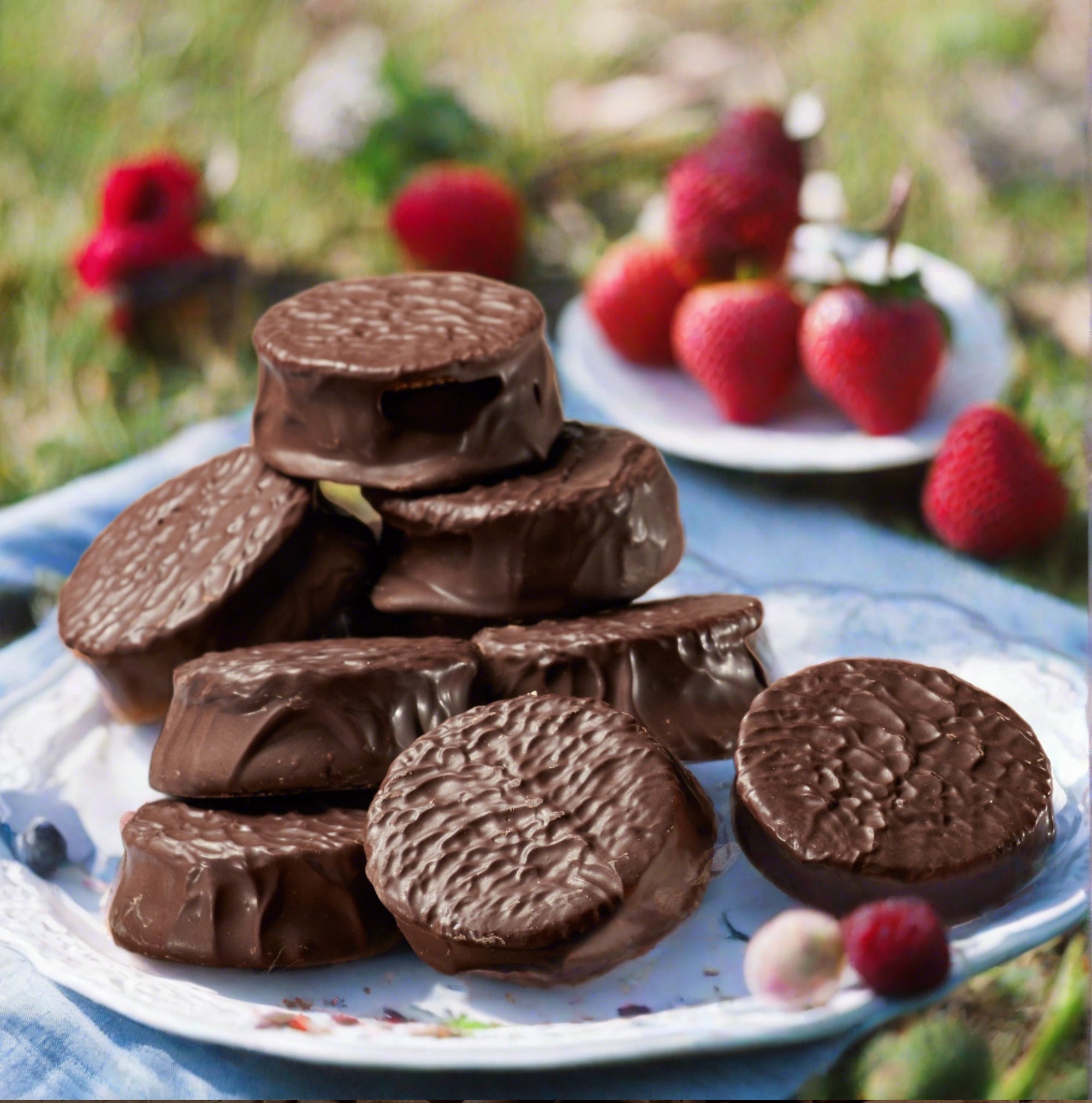 chocolate alfajores in a lovely picnic scene with strawberries