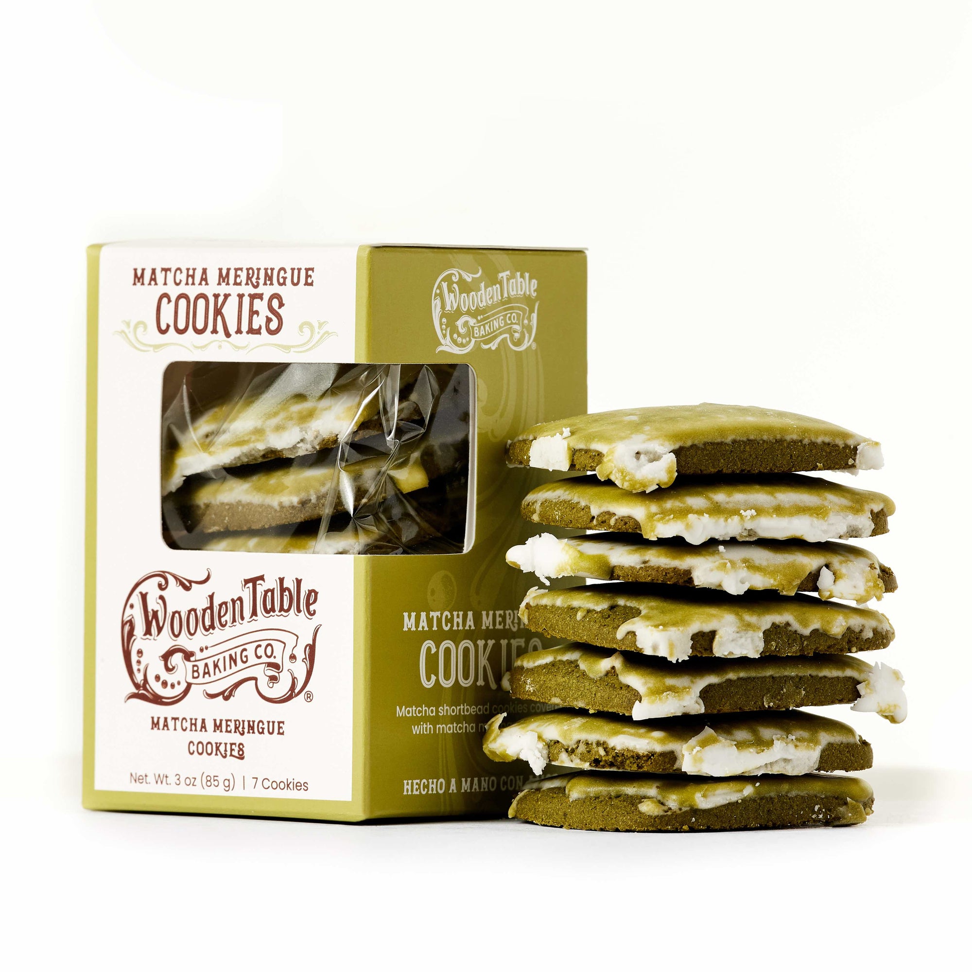 7 Gluten Free Matcha Meringue Tea Cookies in Packaging from Wooden Table Baking Company